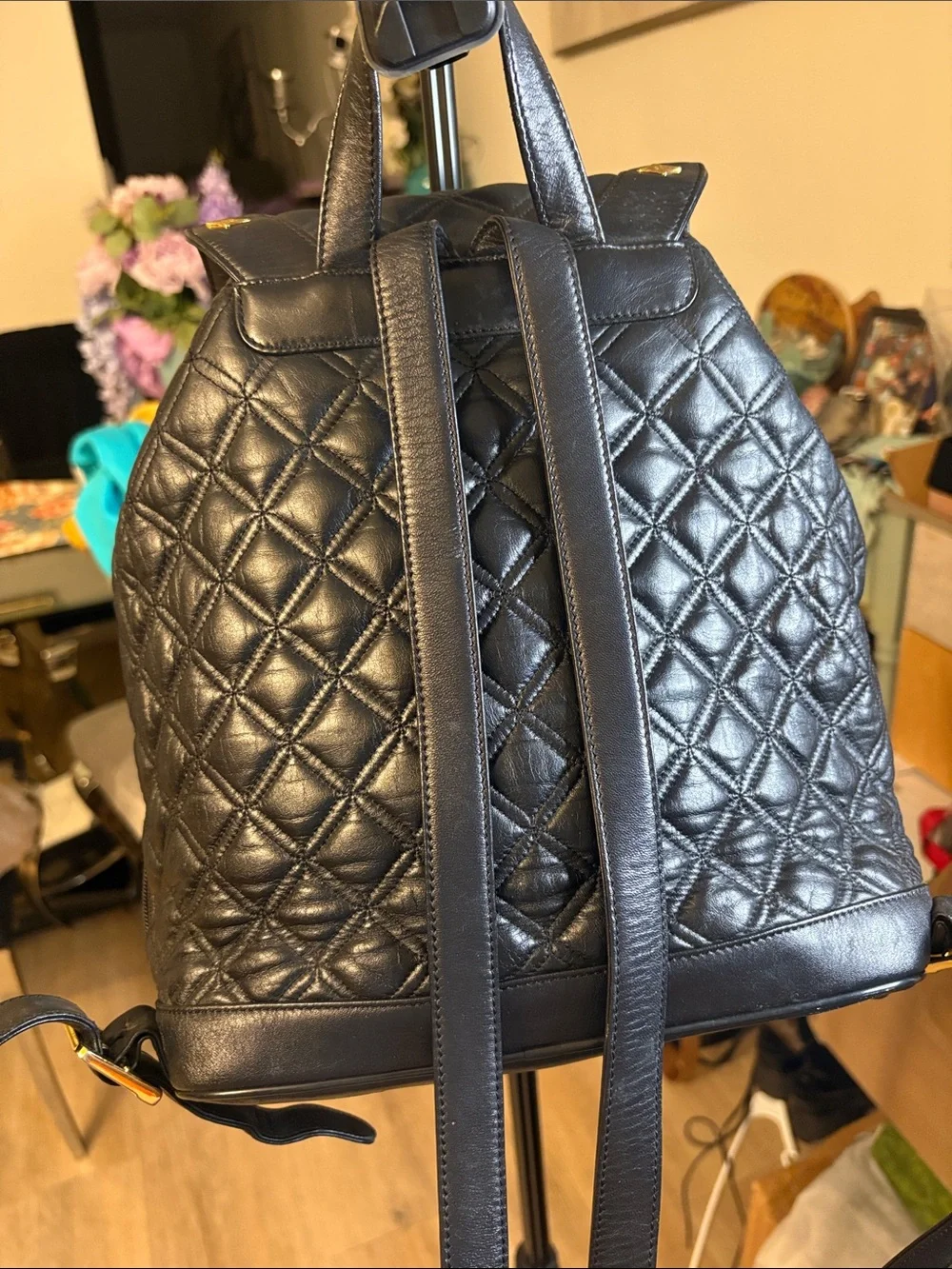 MCM Black Quilted Leather Backpack with Gold Accents